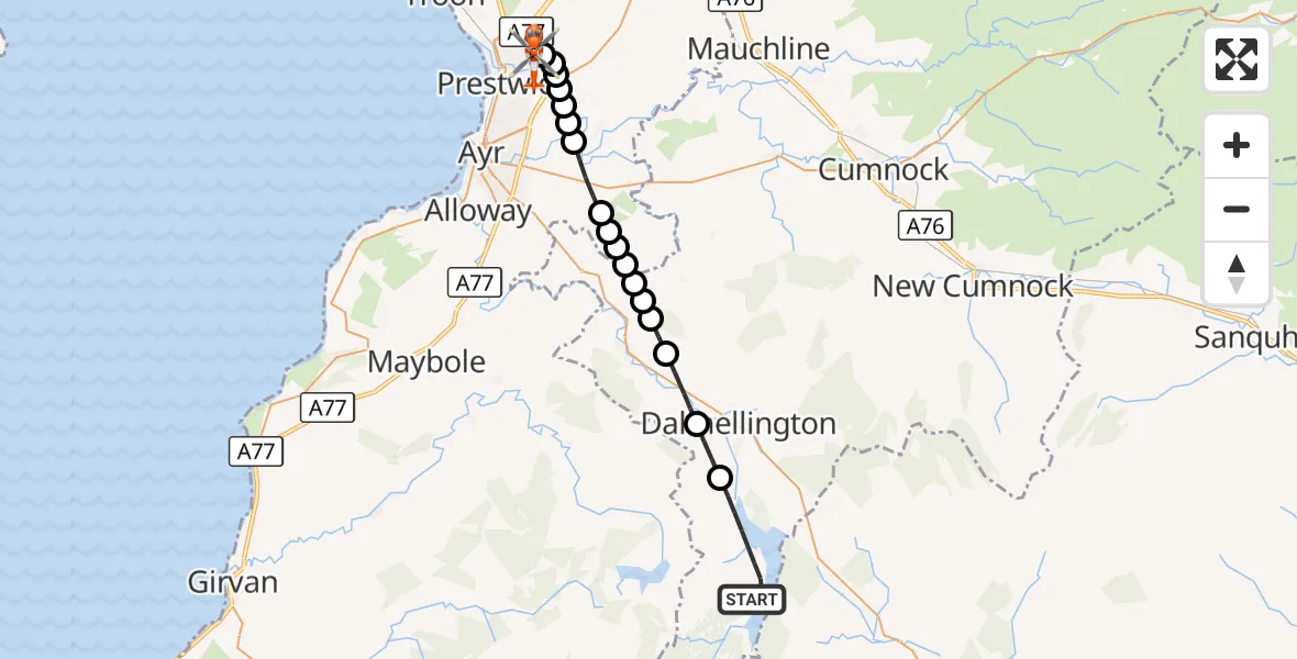 Flight route Coastguard Helicopter East Ayrshire - Glasgow Prestwick Airport, 11 October 2026, 16:24