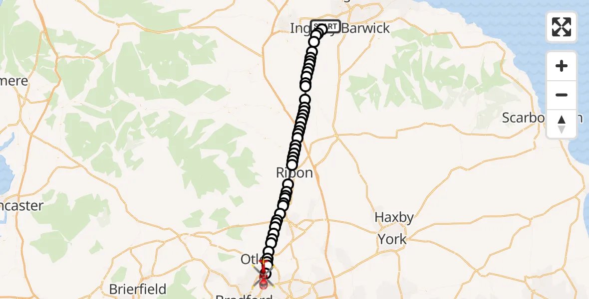 Flight route Air Ambulance Helicopter Egglescliffe - Leeds Bradford Airport, 11 October 2026, 16:38