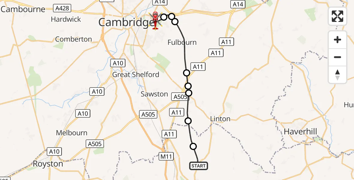 Flight route Air Ambulance Helicopter Little Walden - Cambridge City Airport, 11 October 2026, 16:39