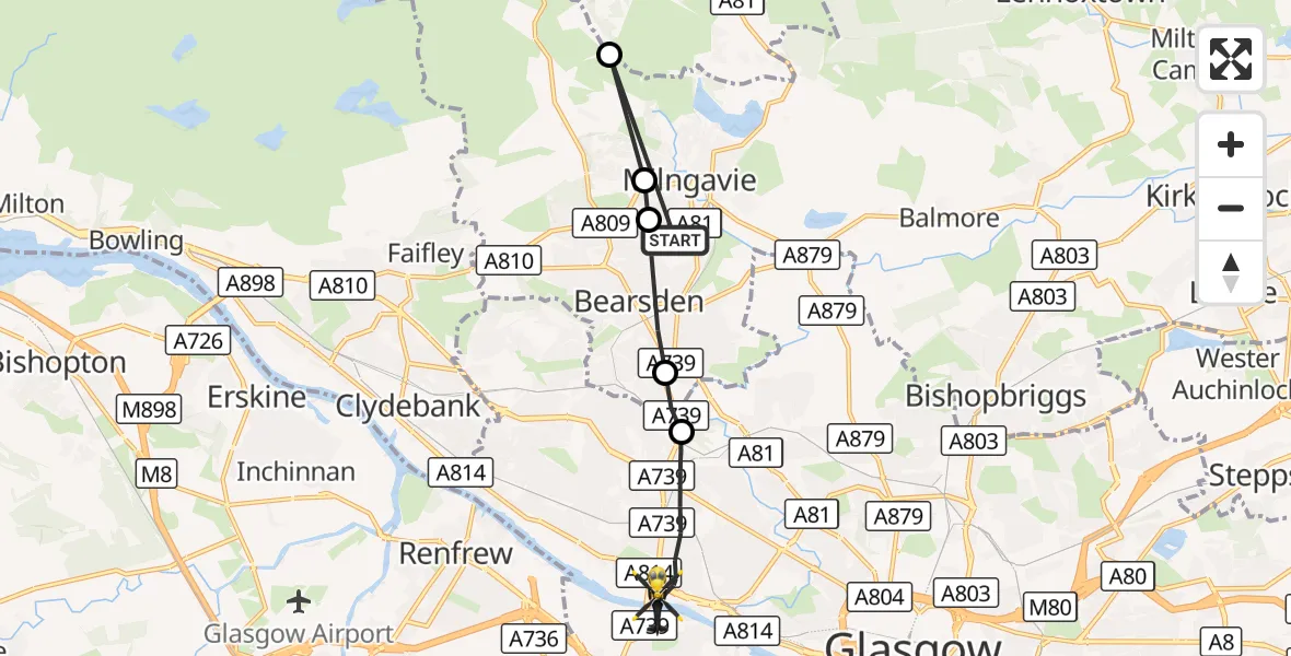 Flight route Police Helicopter Milngavie - Glasgow, 11 October 2026, 16:41