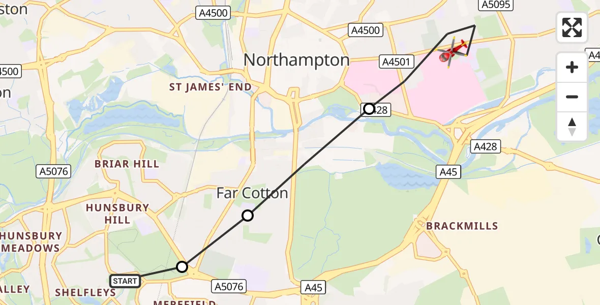 Flight route Air Ambulance Helicopter Shelfleys - Northampton, 11 October 2026, 16:47