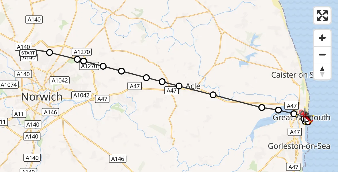 Flight route Air Ambulance Helicopter Norwich Airport - Great Yarmouth, 11 October 2026, 17:03