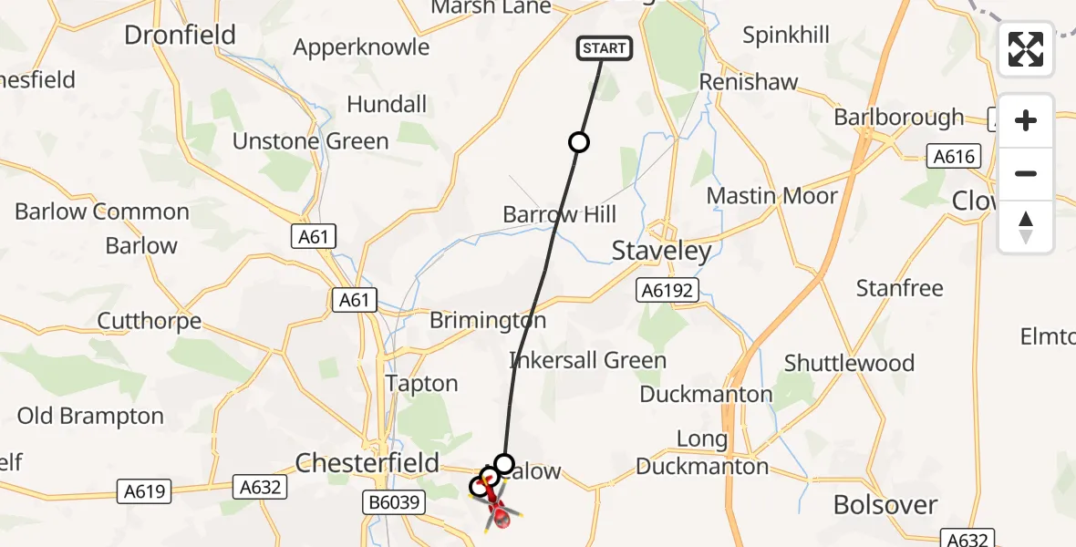 Flight route Air Ambulance Helicopter Eckington - Calow, 11 October 2026, 17:14