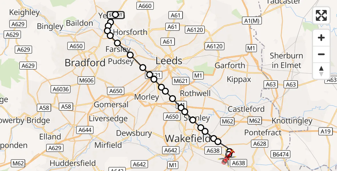 Flight route Air Ambulance Helicopter Yeadon - YAA Nostell Helicopter Port, 11 October 2026, 17:15