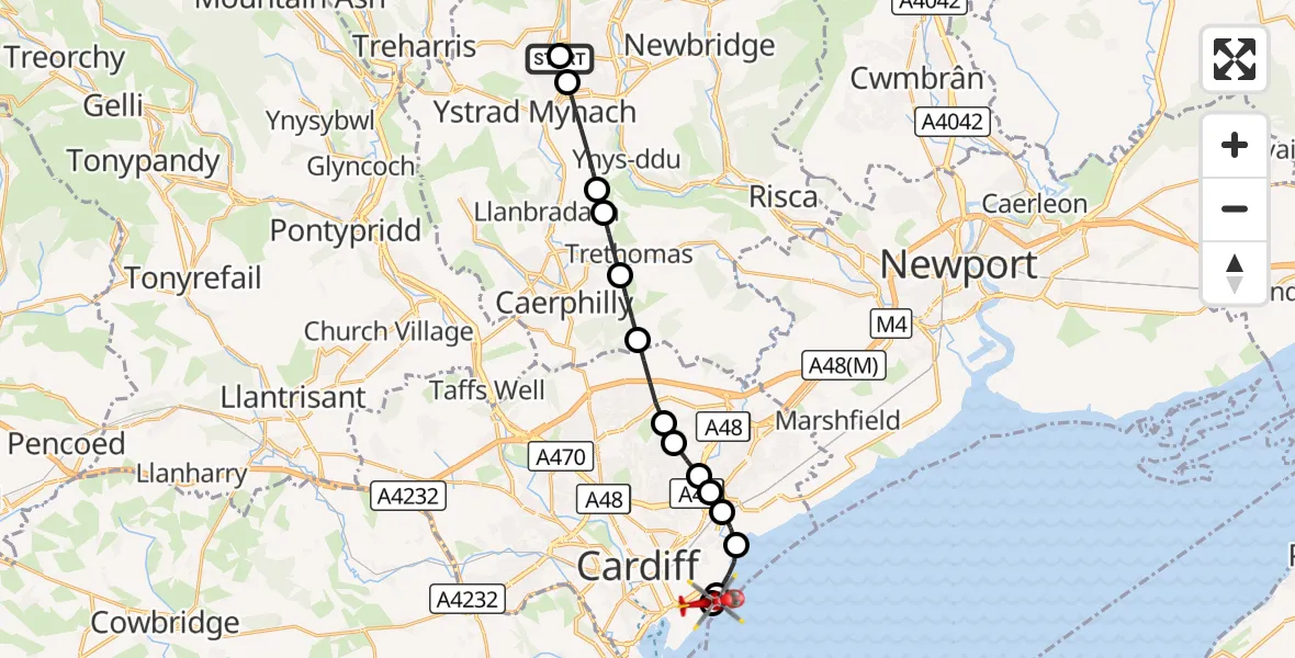 Flight route Air Ambulance Helicopter Pengam - Cardiff Heliport, 11 October 2026, 17:20