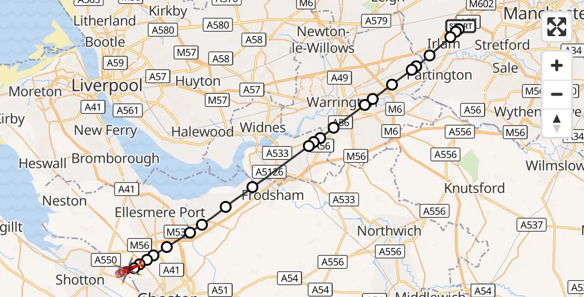 Flight route Air Ambulance Helicopter Manchester Barton Aerodrome - Saughall, 11 October 2026, 17:28