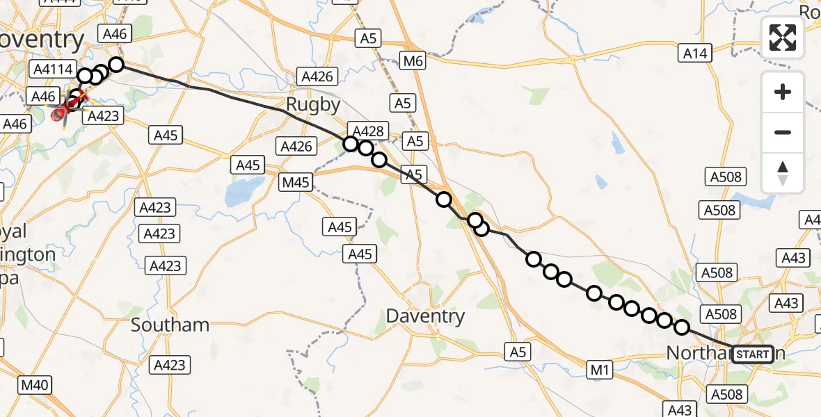 Flight route Air Ambulance Helicopter Northampton - Coventry Airport, 11 October 2026, 17:29