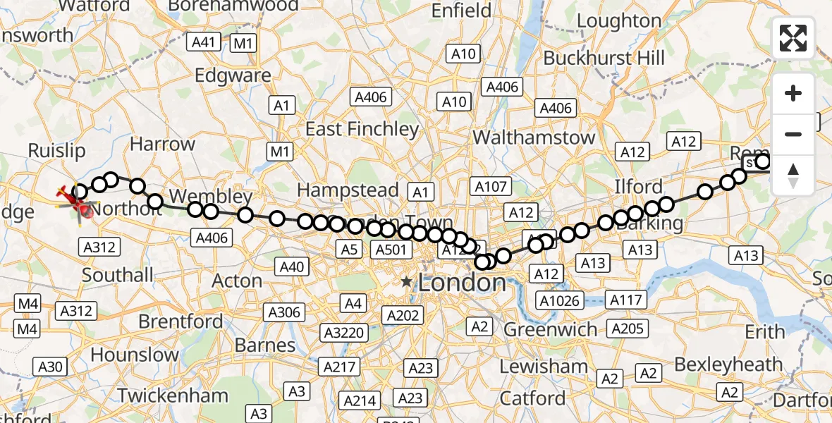 Flight route Air Ambulance Helicopter Queens Hospital Romford - RAF Northolt, 11 October 2026, 17:40