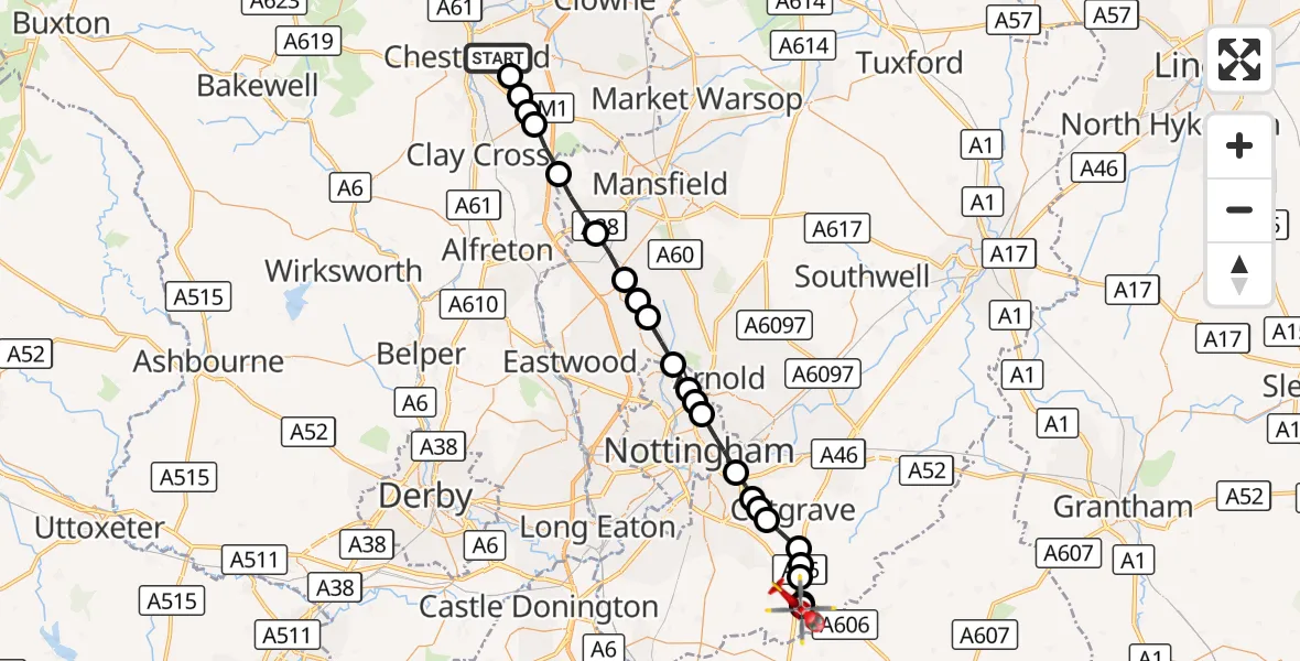 Flight route Air Ambulance Helicopter Calow - Nottingham Heliport, 11 October 2026, 17:41