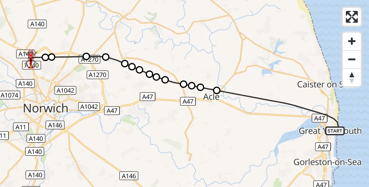 Flight route Air Ambulance Helicopter Great Yarmouth - Norwich Airport, 11 October 2026, 18:03
