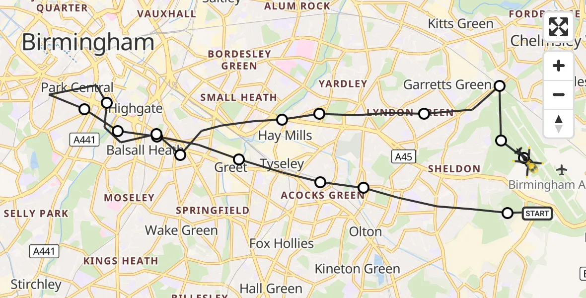 Flight route Police Helicopter Birmingham Airport - Birmingham Airport, 11 October 2026, 18:35