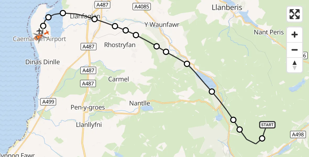 Flight route Coastguard Helicopter Betws Garmon - Caernarfon Airport, 11 October 2026, 18:38