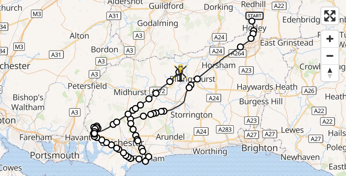 Flight route Police Helicopter Salfords - Wisborough Green, 11 October 2026, 19:38