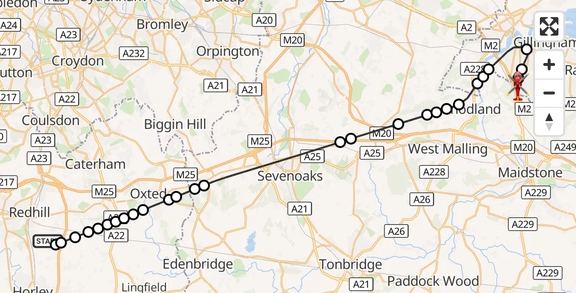 Flight route Air Ambulance Helicopter Redhill Aerodrome - Rochester Airport, 11 October 2026, 20:13