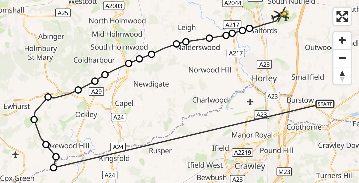 Flight route Police Helicopter Tandridge - Salfords, 11 October 2026, 20:24