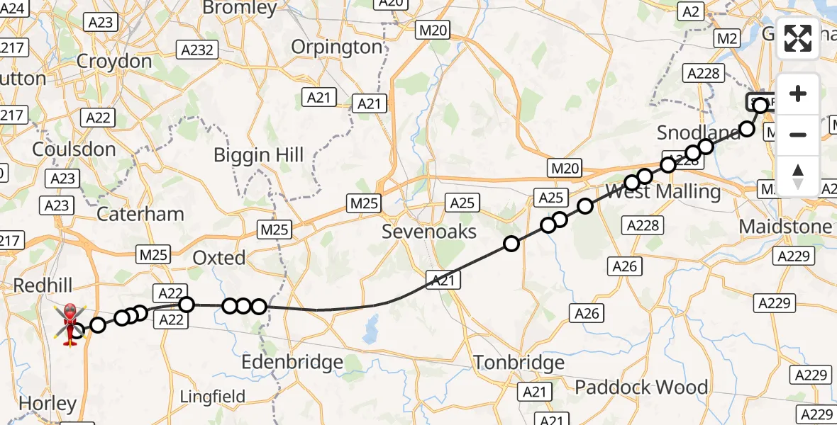 Flight route Air Ambulance Helicopter Rochester Airport - Redhill Aerodrome, 11 October 2026, 20:43