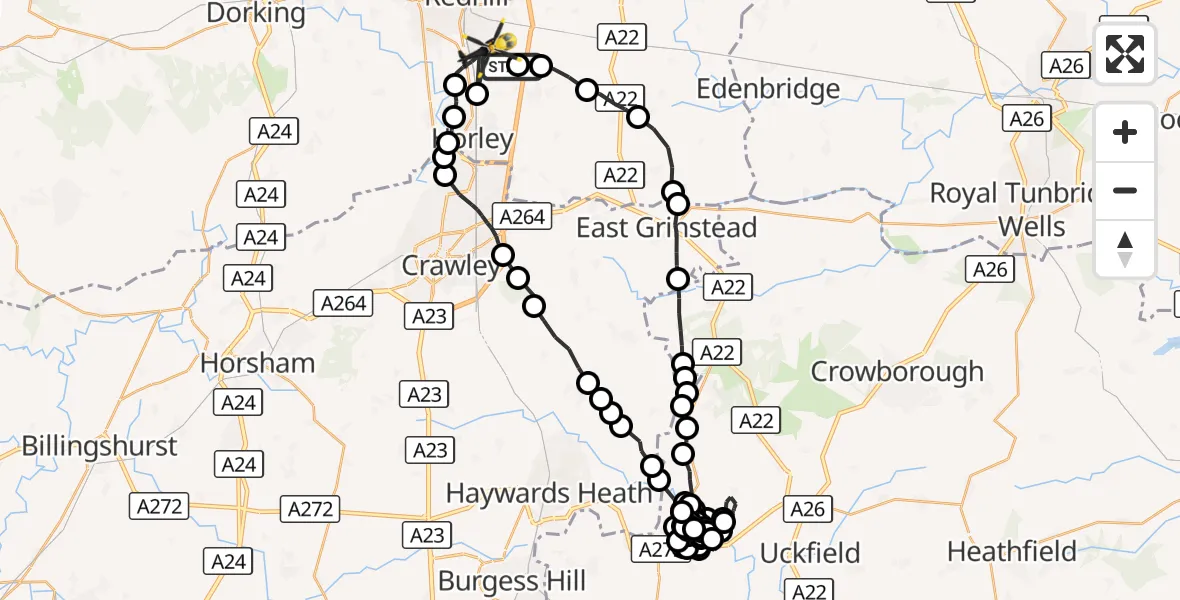 Flight route Police Helicopter Tandridge - Salfords, 11 October 2026, 21:13