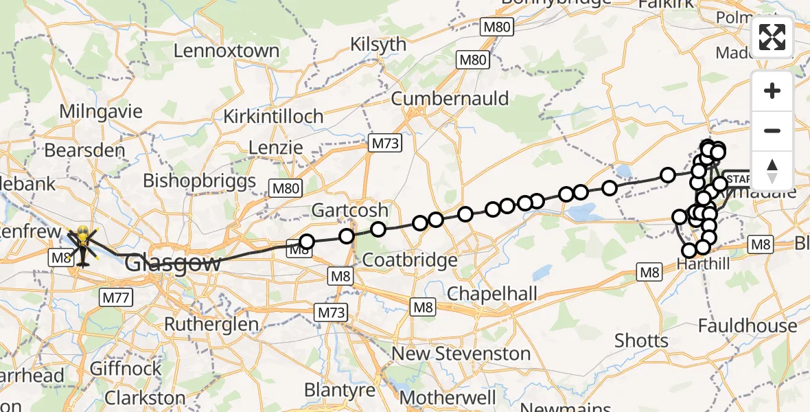 Flight route Police Helicopter Armadale - Glasgow, 11 October 2026, 21:18