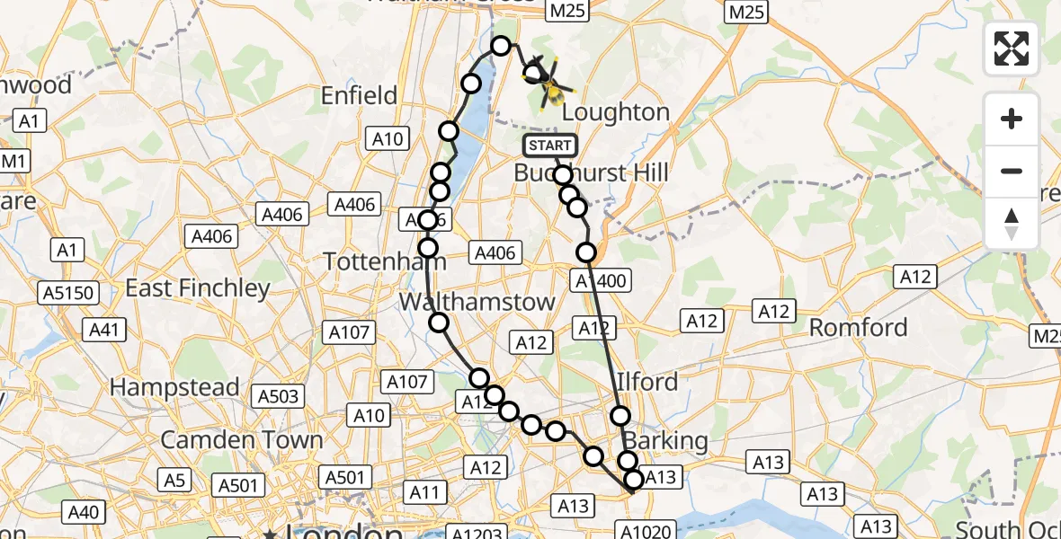Flight route Police Helicopter Chingford - Sewardstonebury, 11 October 2026, 21:56