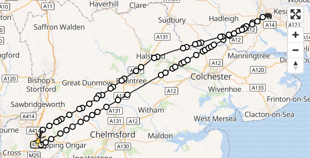 Flight route Police Helicopter Coopersale - North Weald Airfield, 11 October 2026, 23:42