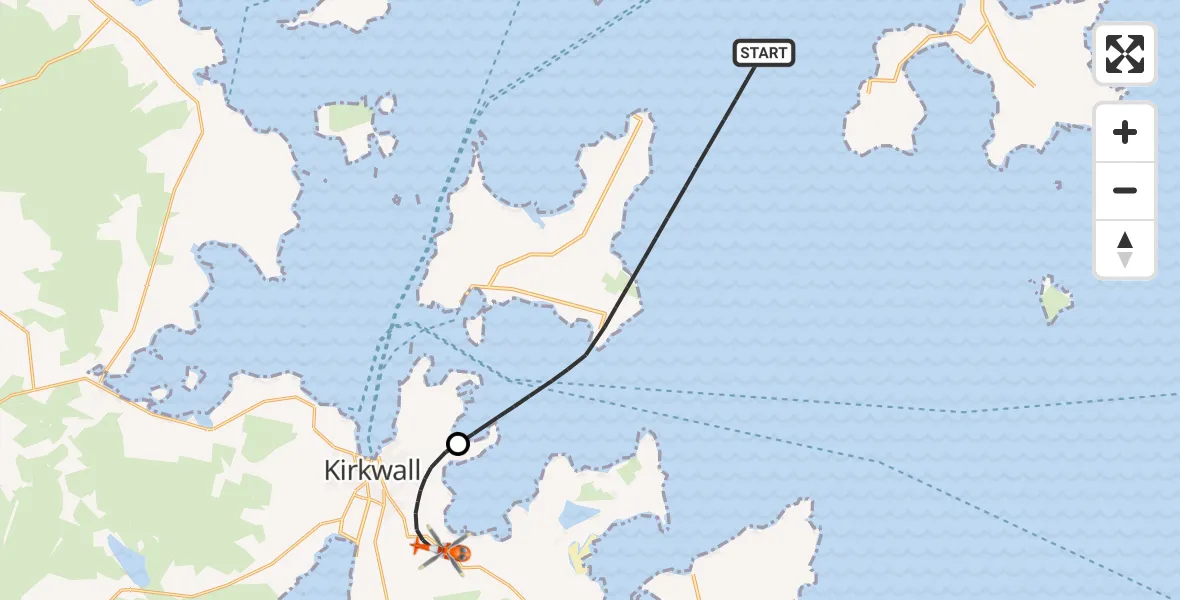 Flight route Coastguard Helicopter North Atlantic Ocean - Kirkwall, 12 October 2026, 00:22
