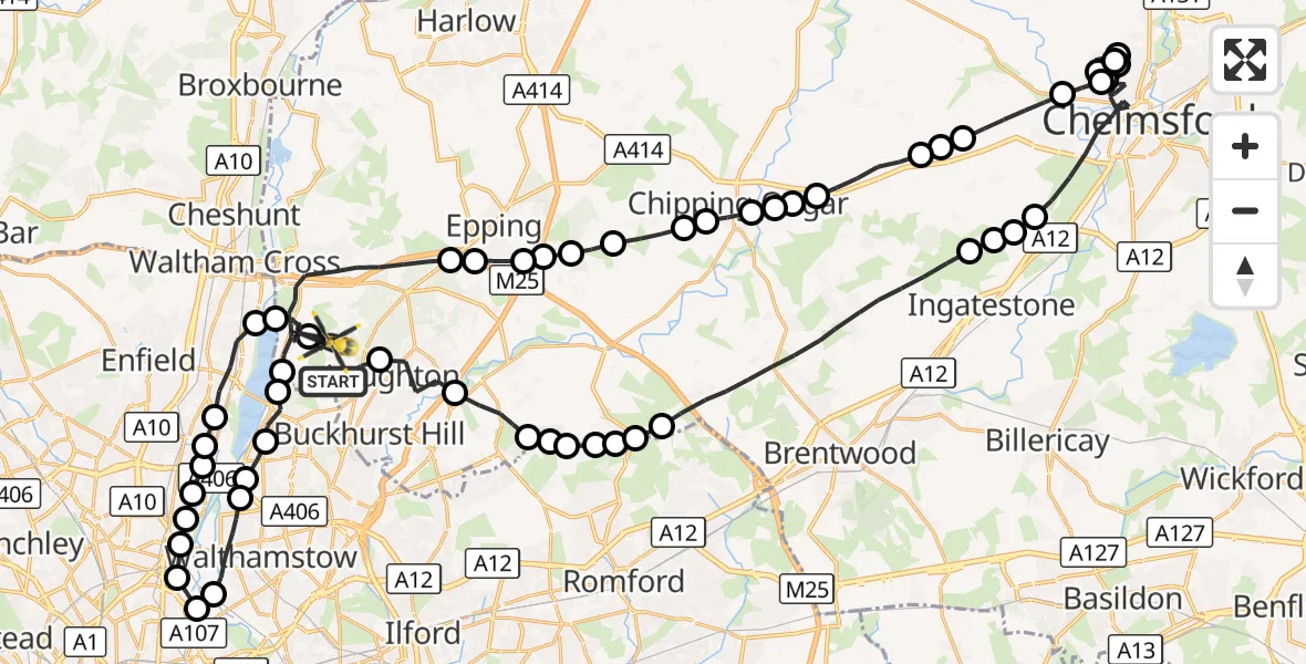 Flight route Police Helicopter Sewardstonebury - Sewardstonebury, 12 October 2026, 00:49