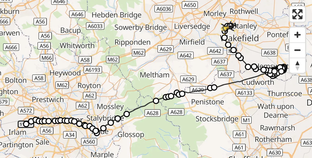 Flight route Police Helicopter Manchester Barton Aerodrome - East Ardsley, 12 October 2026, 00:56