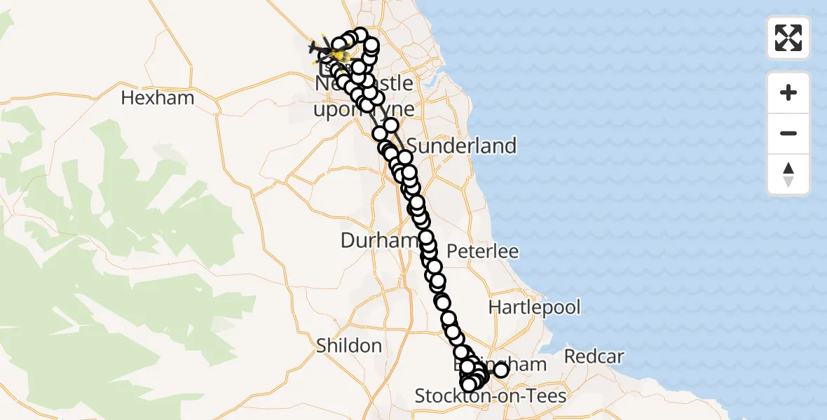 Flight route Police Helicopter Kenton - Woolsington, 12 October 2026, 00:57