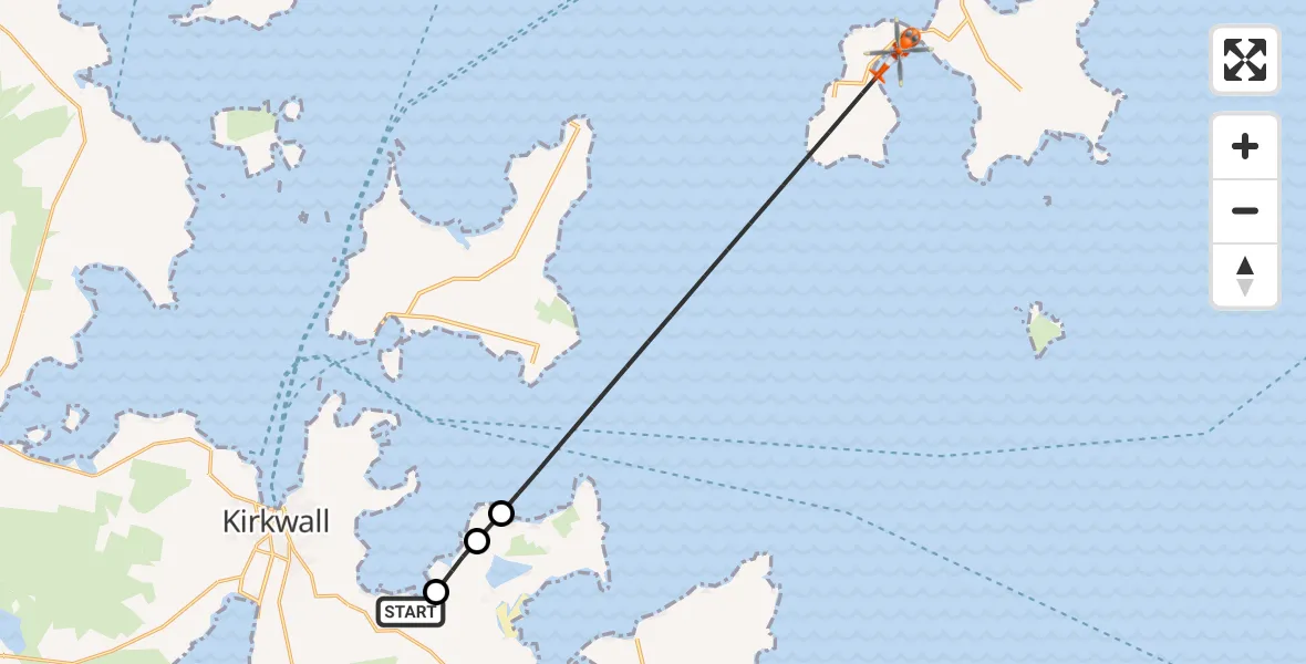 Flight route Coastguard Helicopter Kirkwall Airport - North Atlantic Ocean, 12 October 2026, 01:02