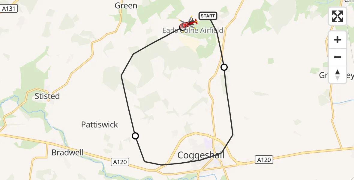 Flight route Air Ambulance Helicopter Braintree - Earls Colne Airfield, 12 October 2026, 07:10