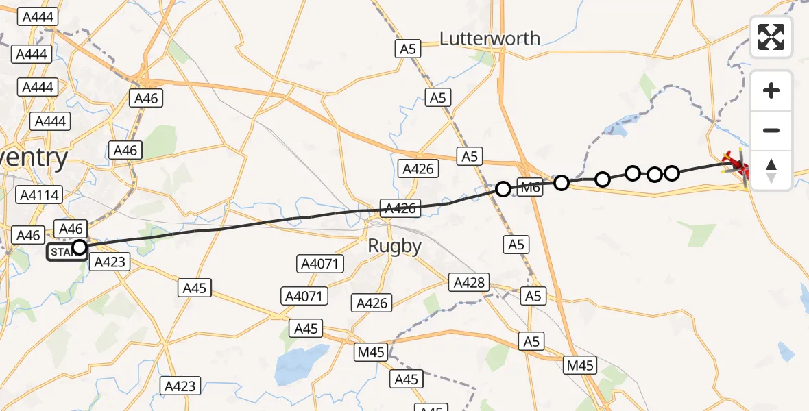 Flight route Air Ambulance Helicopter Coventry Airport - Welford, 12 October 2026, 07:23