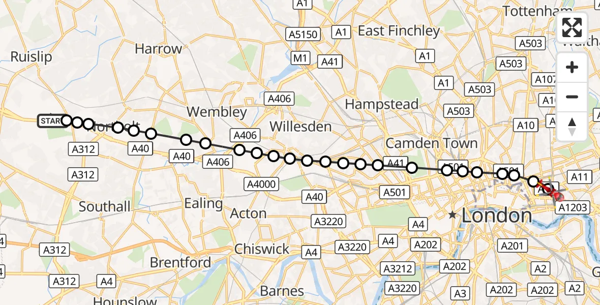 Flight route Air Ambulance Helicopter RAF Northolt - Royal London Hospital, 12 October 2026, 07:35