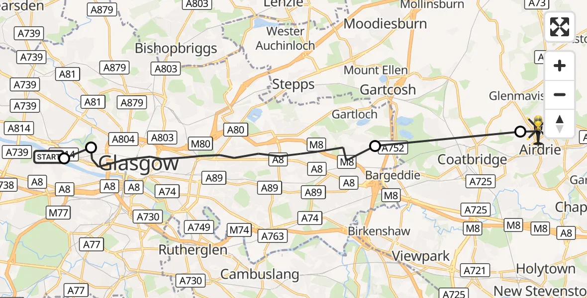 Flight route Police Helicopter Glasgow - Airdrie, 12 October 2026, 07:44