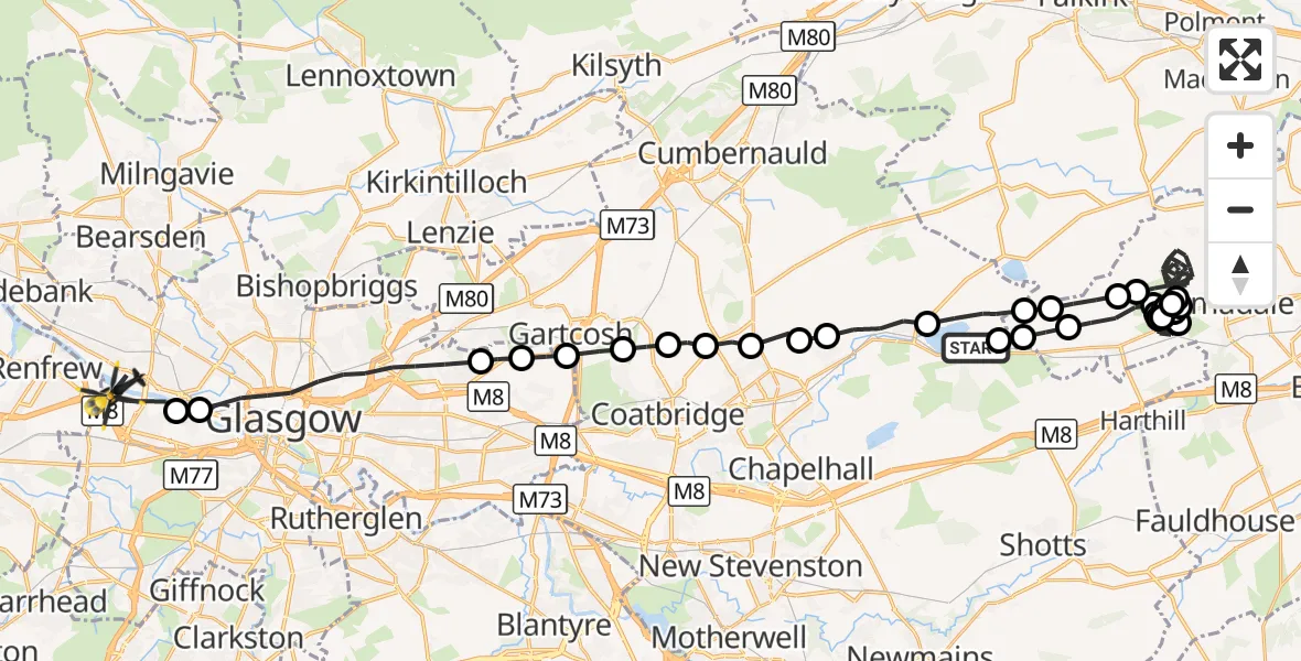 Flight route Police Helicopter Hillend Loch - Glasgow, 12 October 2026, 07:54
