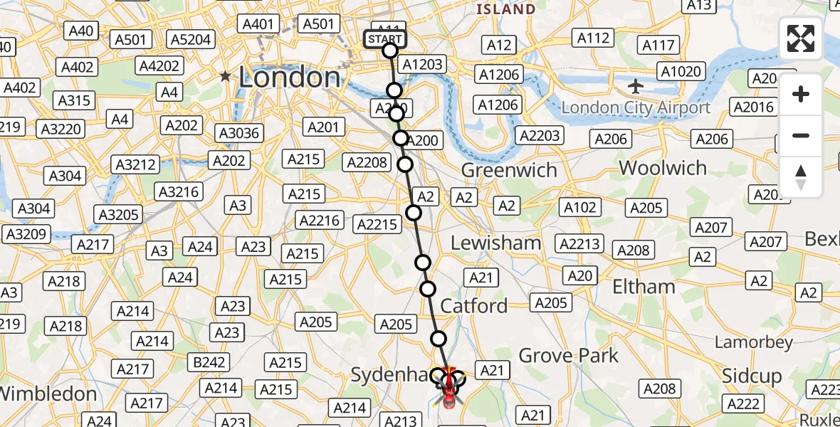 Flight route Air Ambulance Helicopter Royal London Hospital - New Beckenham, 12 October 2026, 08:05