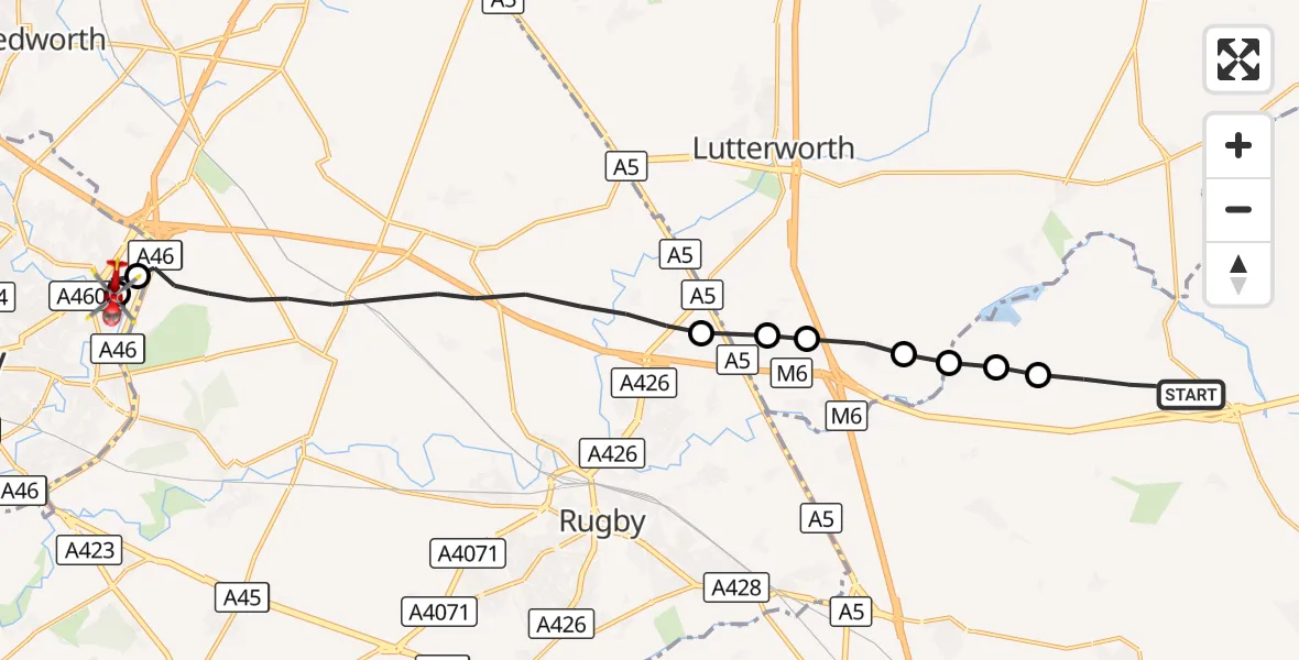 Flight route Air Ambulance Helicopter Welford - Walsgrave, 12 October 2026, 08:22
