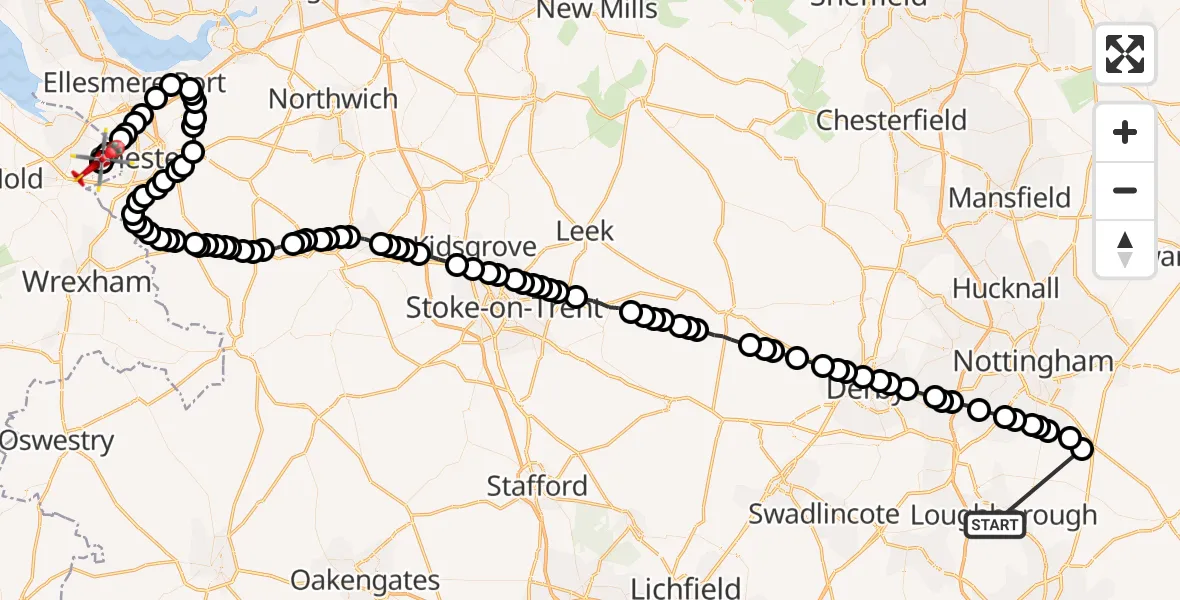 Flight route Air Ambulance Helicopter Loughborough - Hawarden Airport, 12 October 2026, 08:47