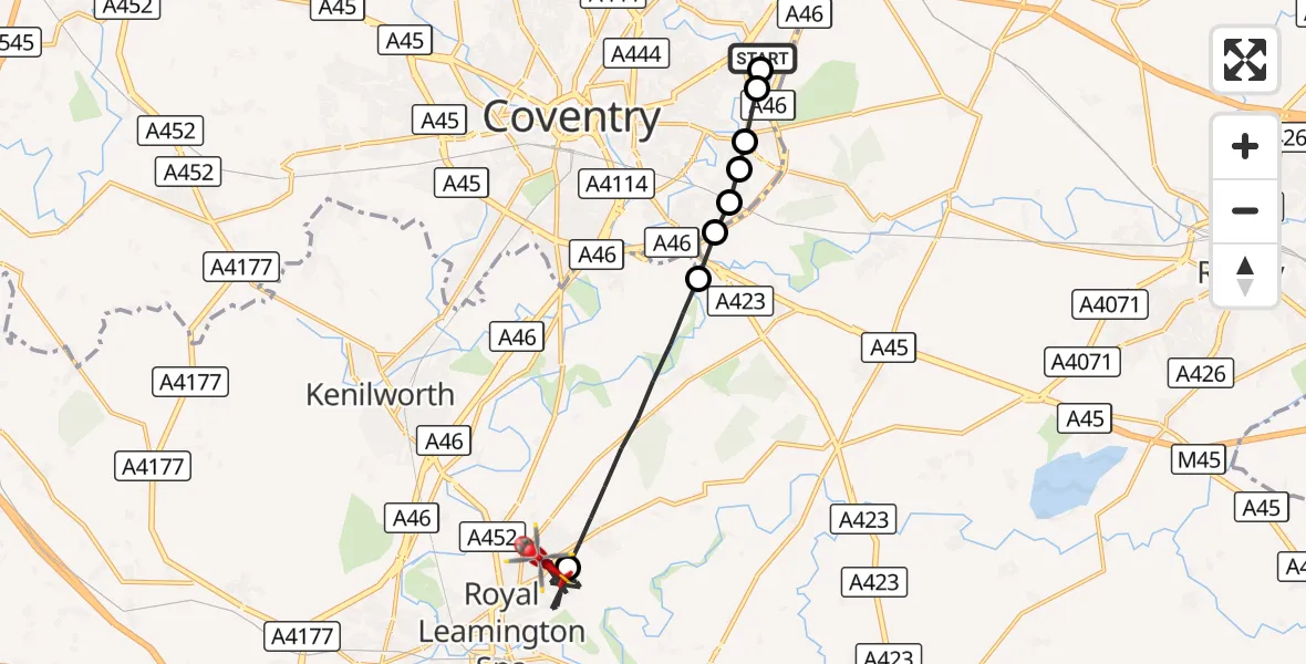 Flight route Air Ambulance Helicopter University Hospital Coventry - Royal Leamington Spa, 12 October 2026, 08:48