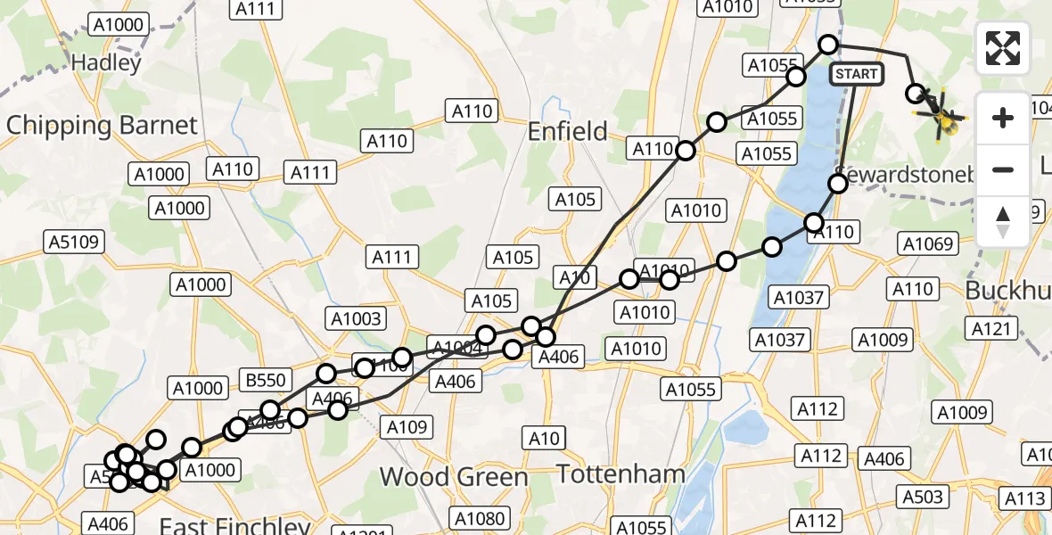 Flight route Police Helicopter Waltham Abbey - Sewardstonebury, 12 October 2026, 09:04