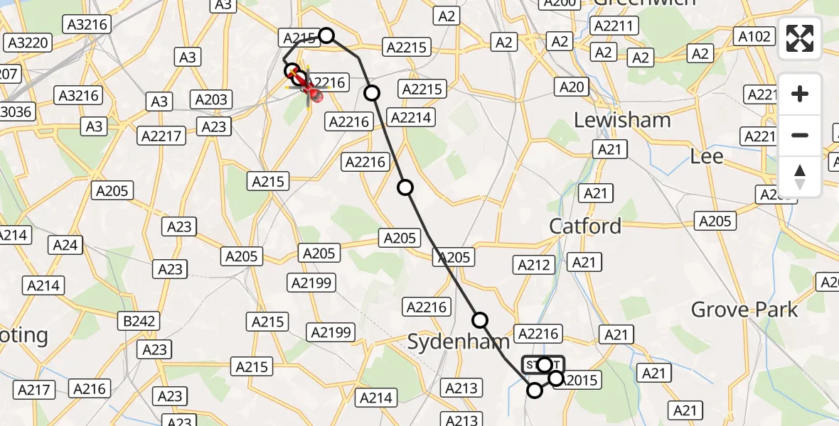 Flight route Air Ambulance Helicopter New Beckenham - Kings College London Hospital, 12 October 2026, 09:13
