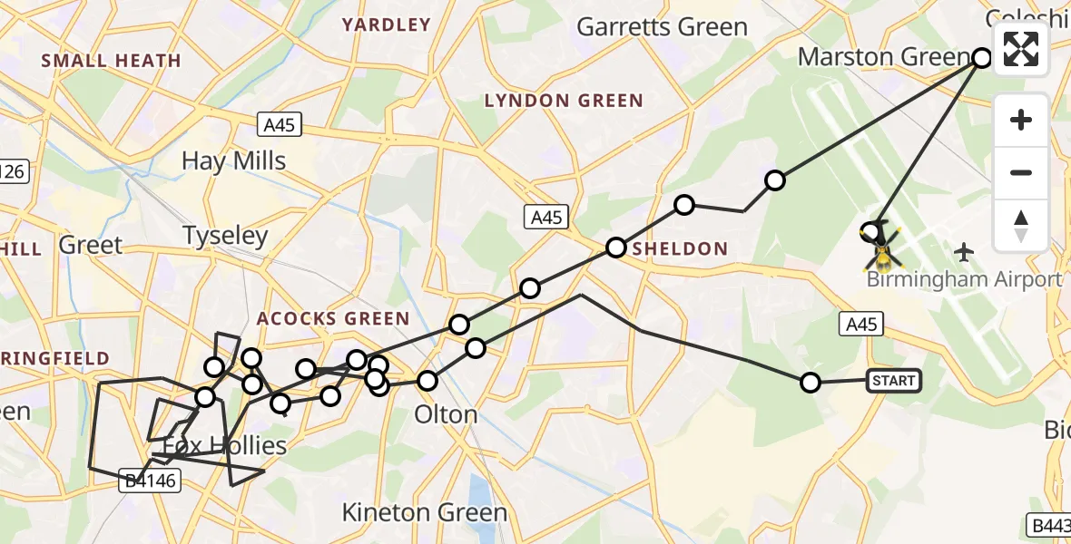 Flight route Police Helicopter Birmingham Airport - Birmingham Airport, 12 October 2026, 09:31