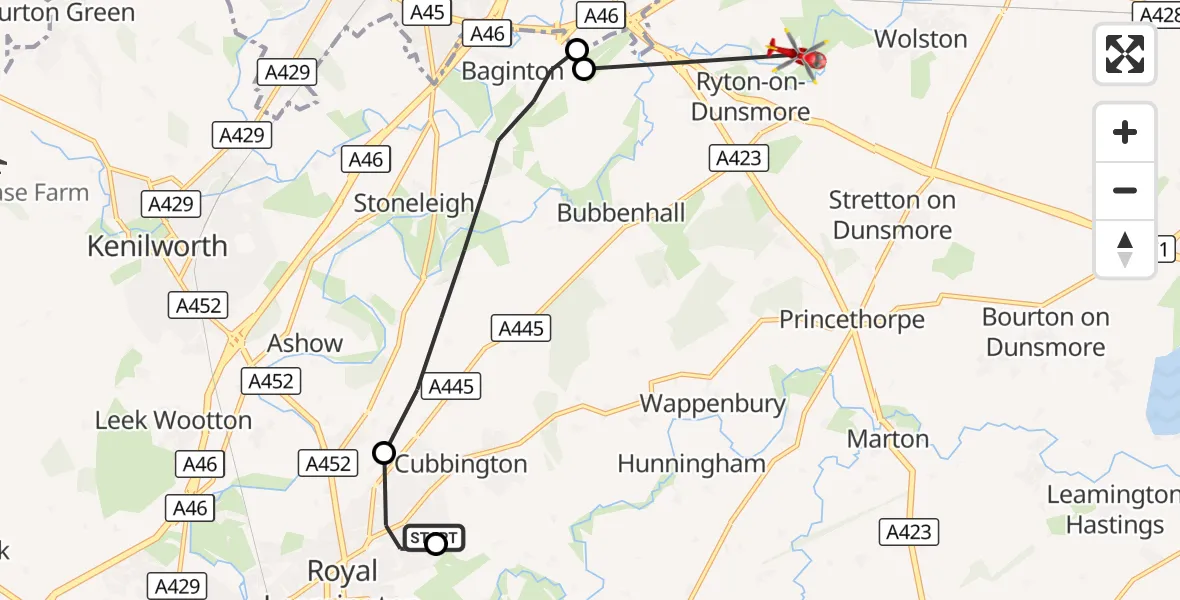 Flight route Air Ambulance Helicopter Royal Leamington Spa - Rugby, 12 October 2026, 09:57