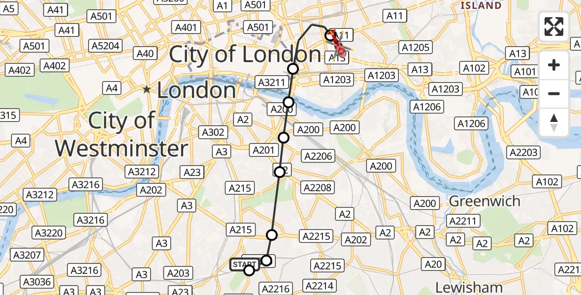 Flight route Air Ambulance Helicopter Kings College London Hospital - Royal London Hospital, 12 October 2026, 09:59