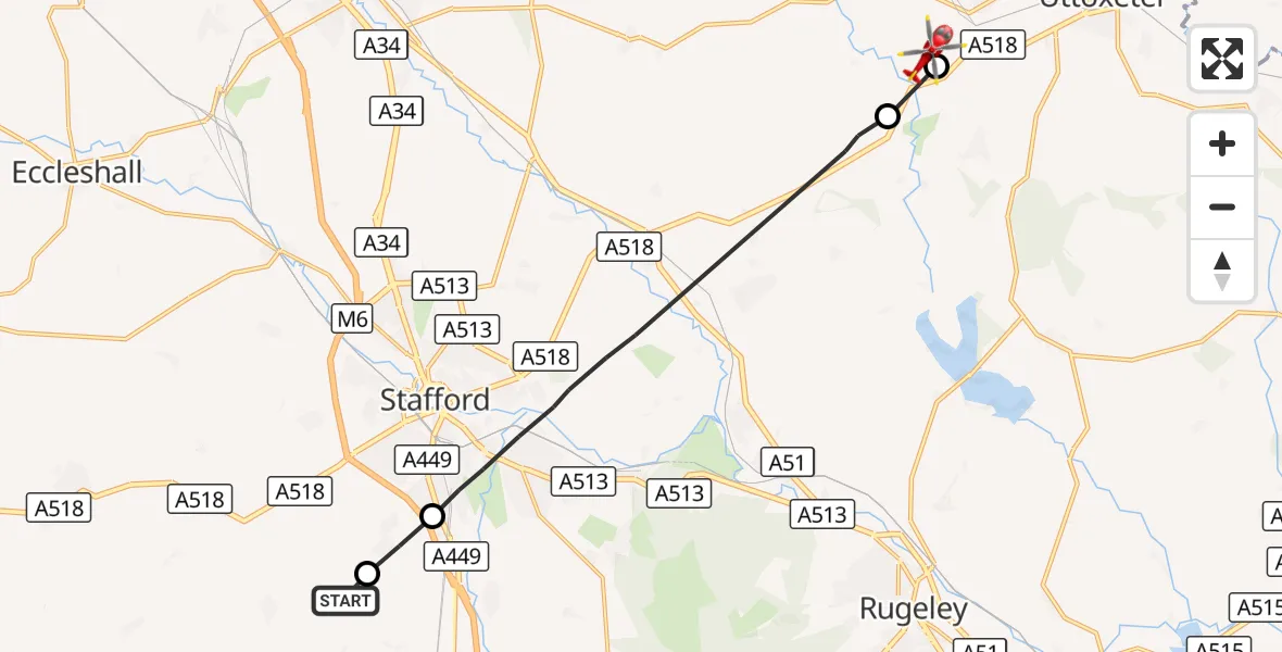 Flight route Air Ambulance Helicopter Coppenhall - East Staffordshire, 12 October 2026, 10:01