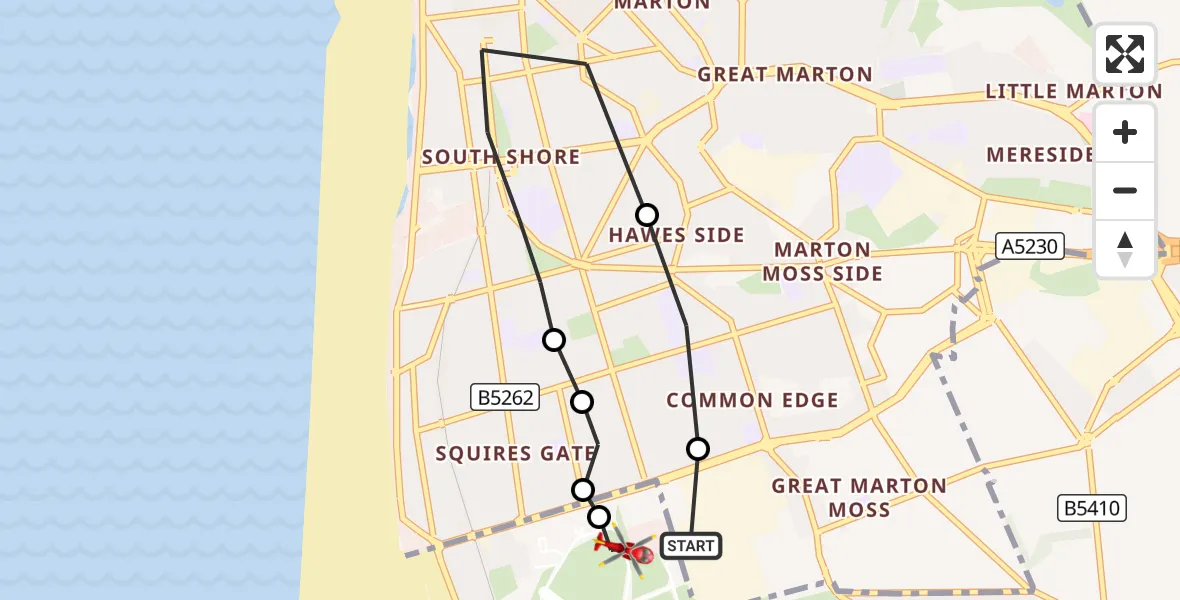 Flight route Air Ambulance Helicopter Blackpool Airport - Blackpool Airport, 12 October 2026, 10:13
