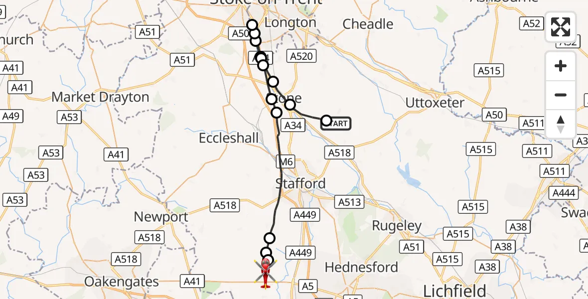 Flight route Air Ambulance Helicopter Stafford - Lapley, 12 October 2026, 10:41