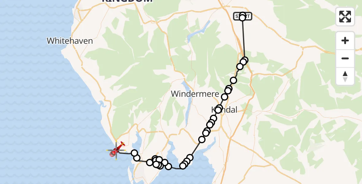 Flight route Air Ambulance Helicopter Cliburn - RAF Millom, 12 October 2026, 11:19