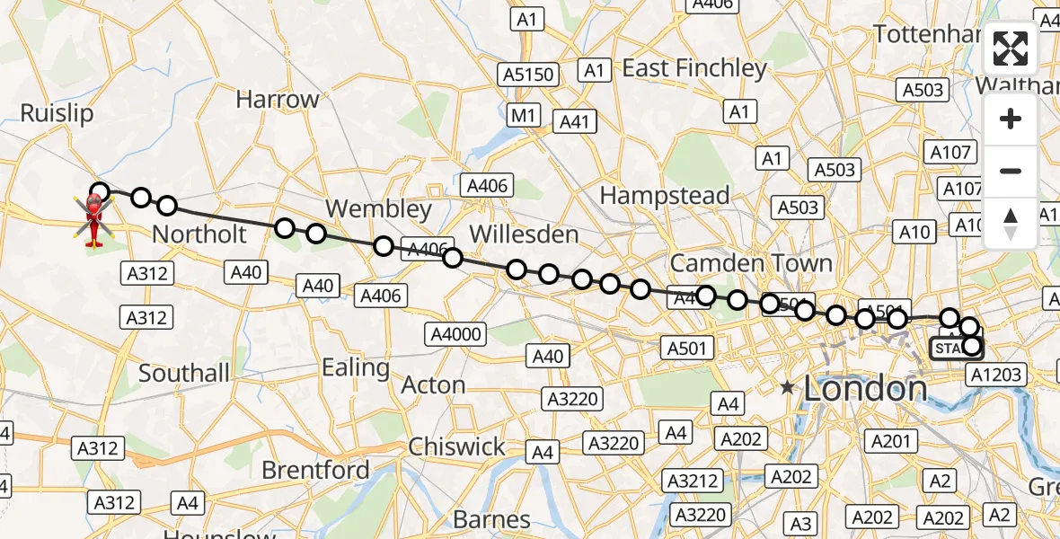 Flight route Air Ambulance Helicopter Royal London Hospital - RAF Northolt, 12 October 2026, 11:33