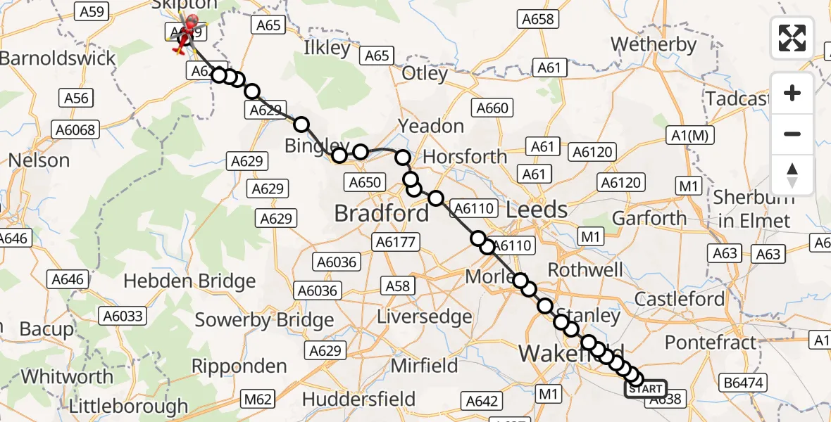 Flight route Air Ambulance Helicopter YAA Nostell Helicopter Port - Low Bradley, 12 October 2026, 11:45