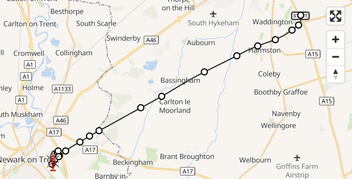 Flight route Air Ambulance Helicopter RAF Waddington - Newark on Trent, 12 October 2026, 12:13